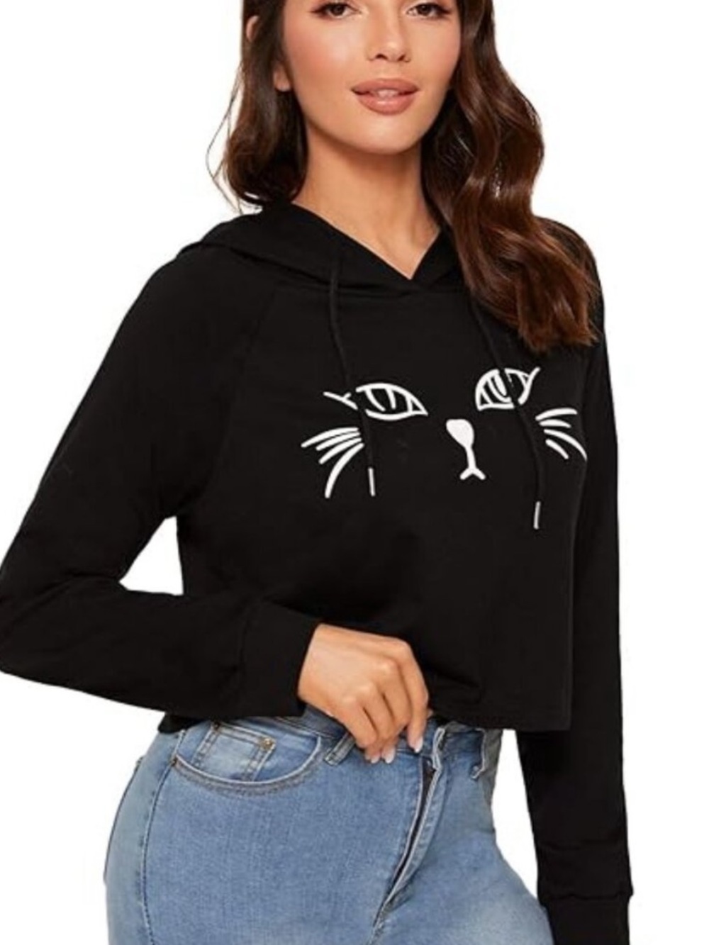SweatyRocks Black Cat Face Cropped Hoodie Pullover Sweatshirt NWT